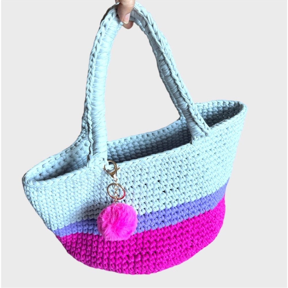 Colorful Crochet Tote Bag with Pom Pom